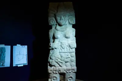 The first life-size representation of a ritual ballplayer found to date in the Huasteca region in Mexico, on view at the National Museum of Mexican Art in Chicago.