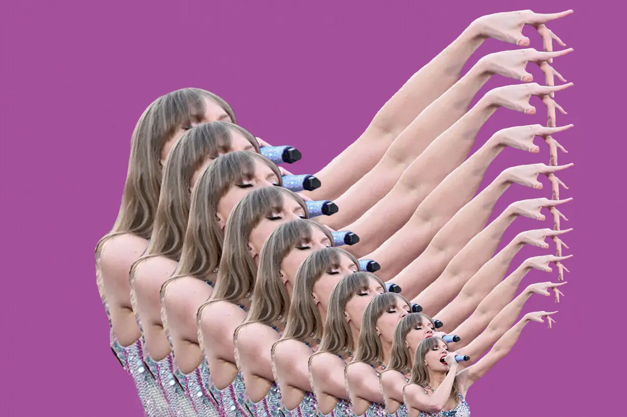 An illustration that includes a photo of Taylor Swift performing, with the image duplicated to suggest several Taylor Swifts doing the same thing at the same time.