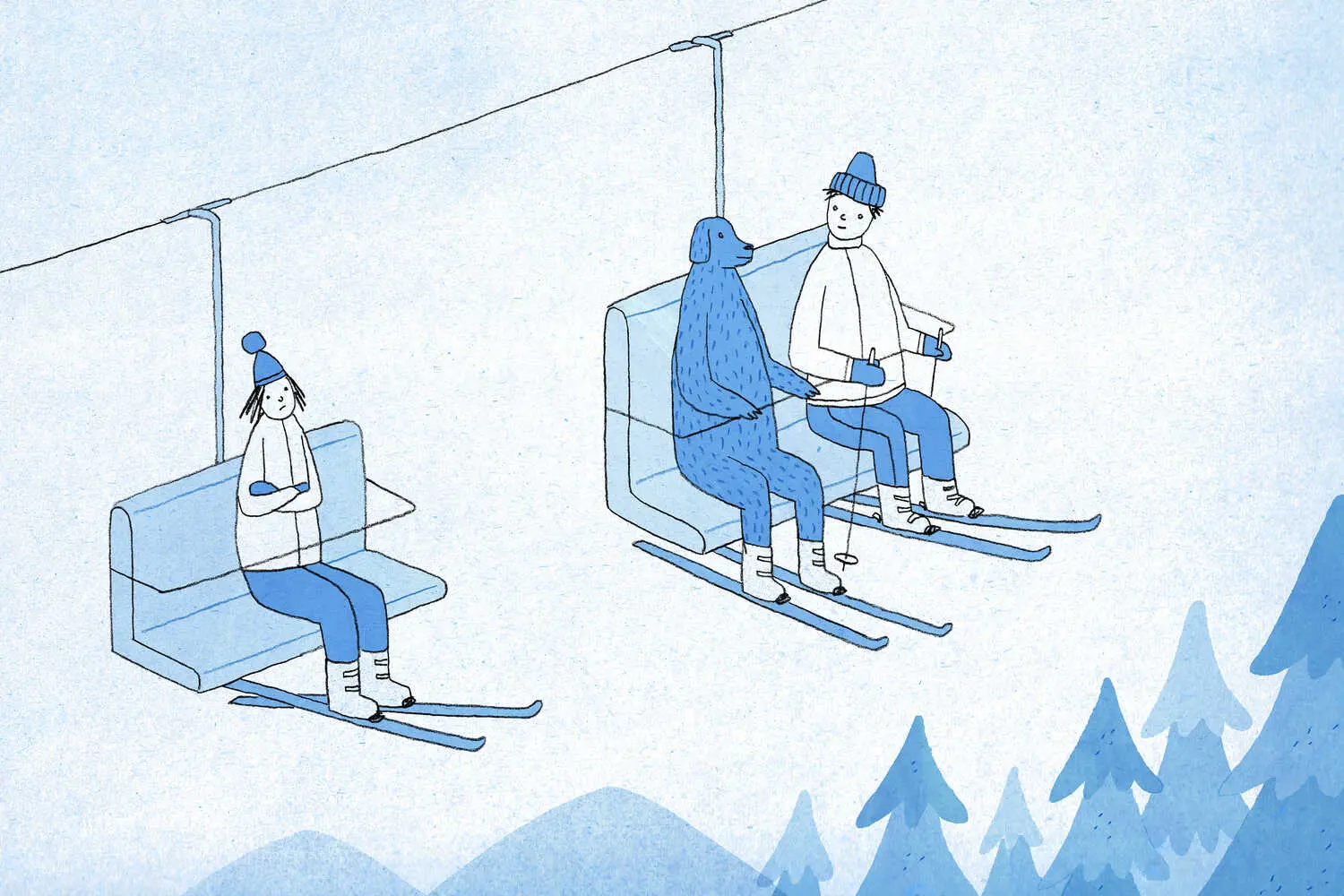 An illustration of a man and a dog wearing ski equipment on a chairlift, with a woman on the chair behind them sitting alone with her arms crossed.