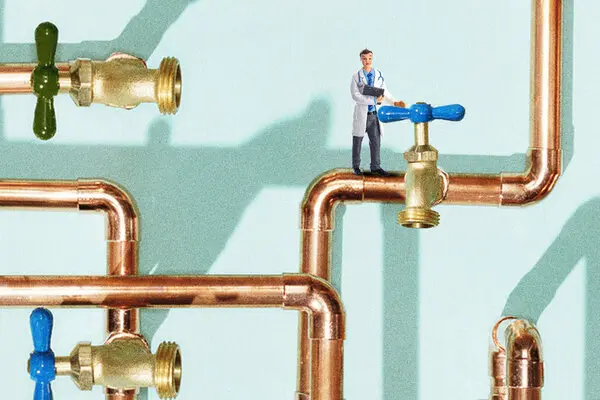 A photo illustration of a doctor standing on a copper pipe that is connected to lots of other pipes. One of the doctor's hands rests on a blue faucet knob and the doctor holds a clip board. The background is light greenish blue. 